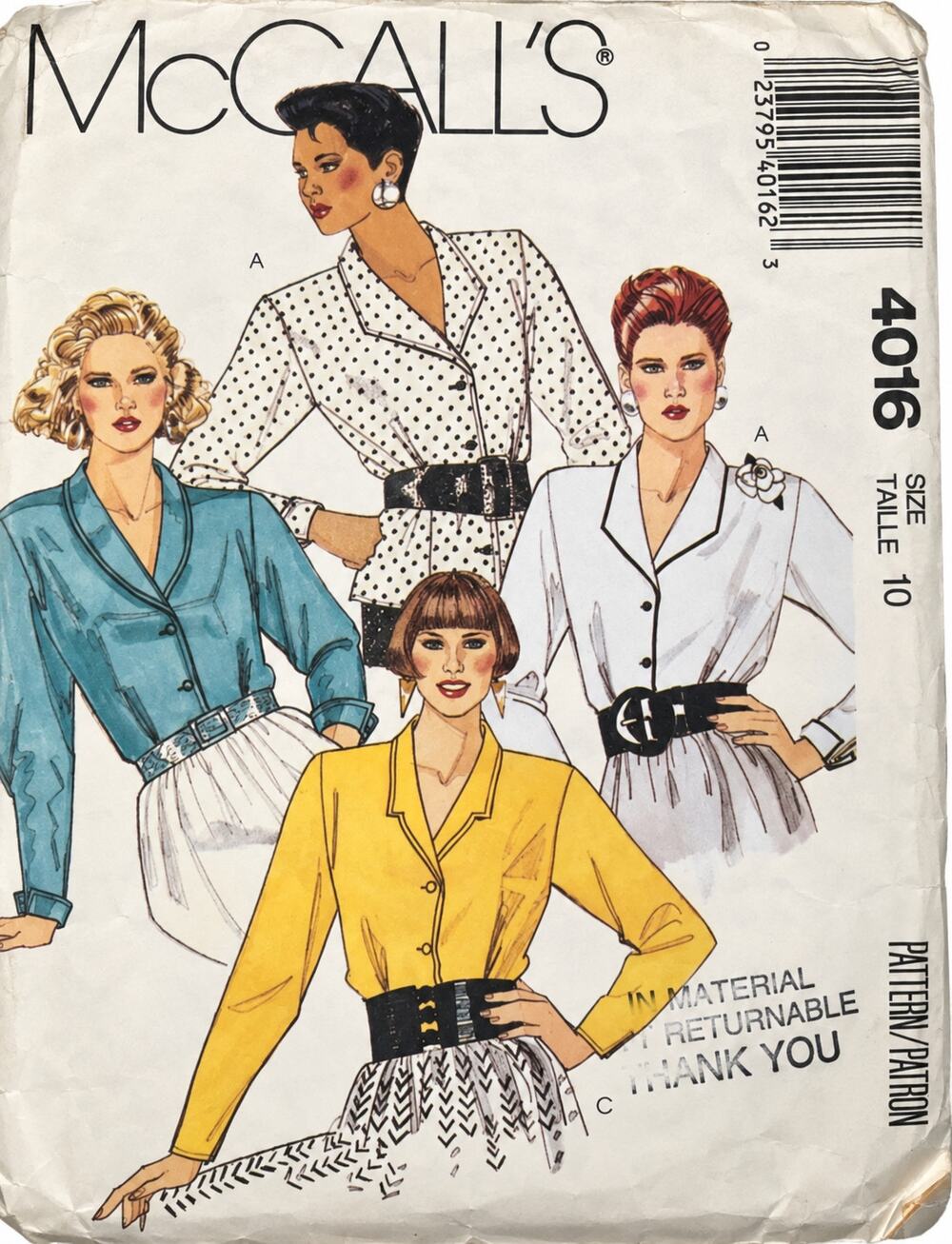 Vintage 1988 McCall's Sewing Pattern 4016 Button Up Blouse Size 10 UNCUT